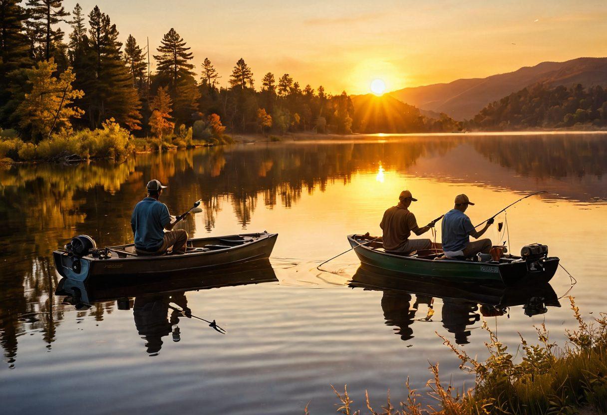 A serene lakeside scene combining fishing and music, featuring a diverse group of fishermen casting their lines while playing guitars and sharing headphones. The sun is setting, casting a warm golden glow over the water, with fish jumping in excitement. Colorful fishing gear and musical notes intertwine in the air, embodying the harmony of nature and melody. super-realistic. vibrant colors. tranquil ambiance.