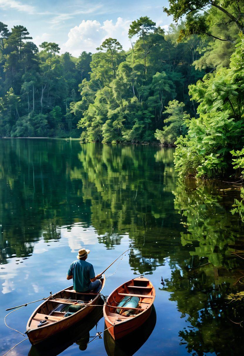 A serene lakeside scene featuring a fisherman casting a line, surrounded by lush greenery and calm waters reflecting the sky. In the foreground, a vintage guitar rests on a wooden boat, symbolizing the blend of fishing and music. Faint notes swirl in the air above the lake, intertwining with fishing gear and fish splashes. The atmosphere conveys a sense of community and camaraderie among nature. vibrant colors. serene layout. watercolor style.