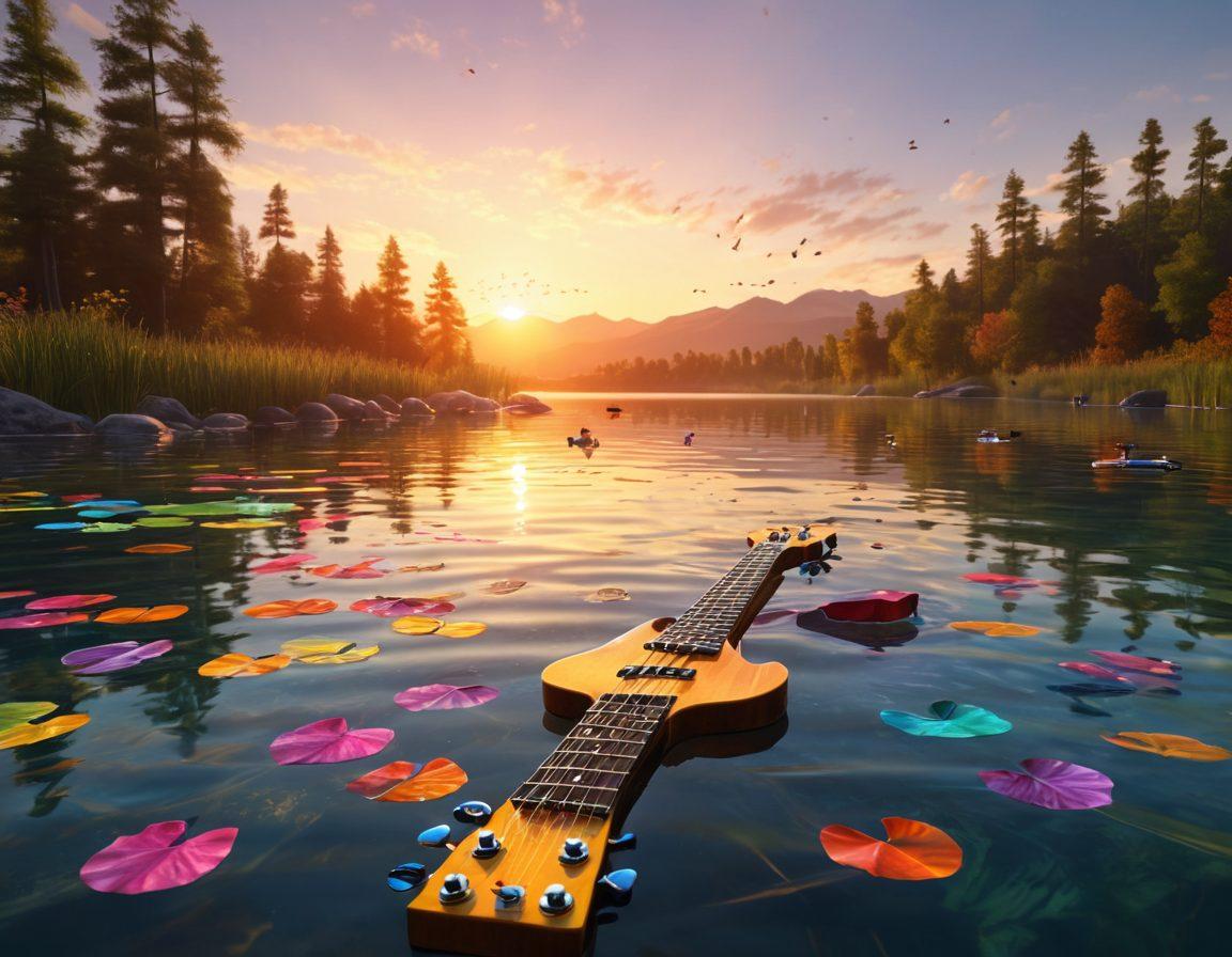 A serene lakeside scene where vibrant bass guitars merge into rippling water, illustrating a harmony between music and nature. In the background, a fisherman casts his line while colorful musical notes float above the water, creating a melodic ambiance. The scene captures a sunset with warm tones reflecting off the water's surface, inviting tranquility. super-realistic. vibrant colors. 3D.
